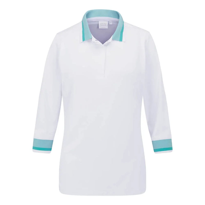 Ping Lindsey Ladies 3/4 Sleeve Polo Shirt - White/Bright Aqua