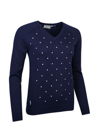 Ladies V Neck Embroidered Polka Dot Cotton Golf Sweater Milly